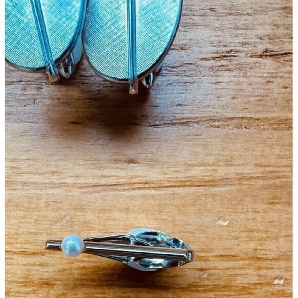 Swank Set Silver‎ Tone Faux Pearl Cuff Links & Matching Tie Clip Vintage